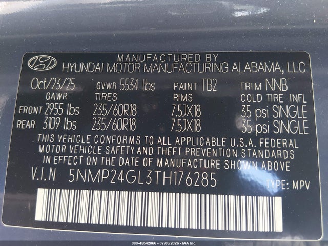 45542866 :رقم المزاد ، 5NMP24GL3TH176285 vin ، 2026 Hyundai Santa Fe Sel مزاد بيع