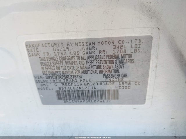 45542870 :رقم المزاد ، 3N1CN7AP5KL876137 vin ، 2019 Nissan Versa 1.6 Sv مزاد بيع