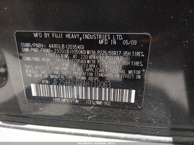 45542879 :رقم المزاد ، JF2SH6CC2AH710063 vin ، 2010 Subaru Forester 2.5x Premium مزاد بيع