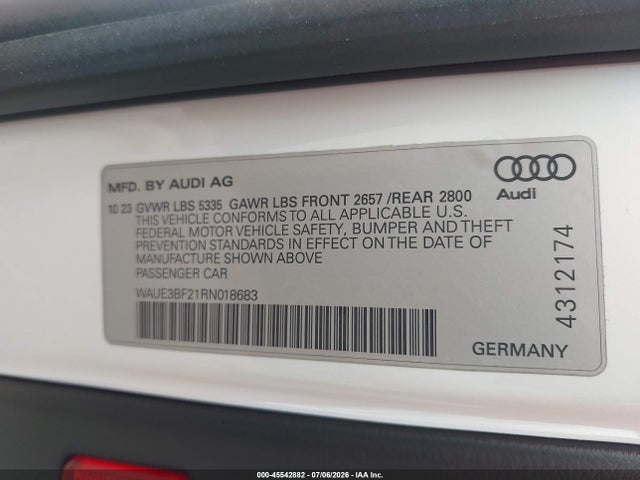 Aukcja sprzedaży 2024 Audi A6 Premium Plus 45 Tfsi Quattro S Tronic, vin: WAUE3BF21RN018683, numer aukcji: 45542882