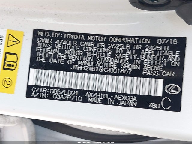 Продажа на аукционе авто 2019 Lexus Es 300h, vin: JTHB21B16K2001867, номер лота: 45542913