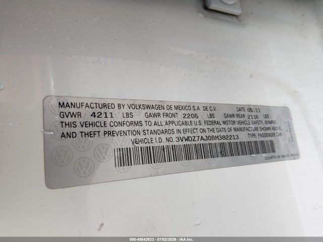Продажа на аукционе авто 2011 Volkswagen Jetta 2.5l Se, vin: 3VWDZ7AJ0BM382213, номер лота: 45542923