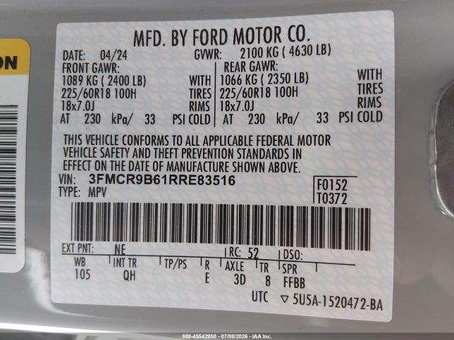 Aukcja sprzedaży 2024 Ford Bronco Sport Big Bend, vin: 3FMCR9B61RRE83516, numer aukcji: 45542950