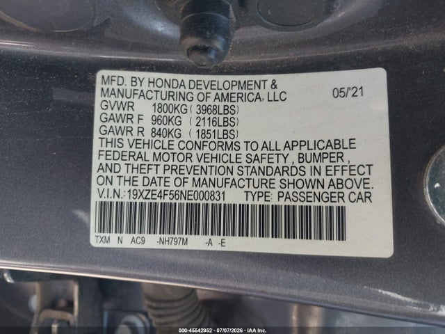 Продаж на аукціоні авто 2022 Honda Insight Ex, vin: 19XZE4F56NE000831, номер лоту: 45542952