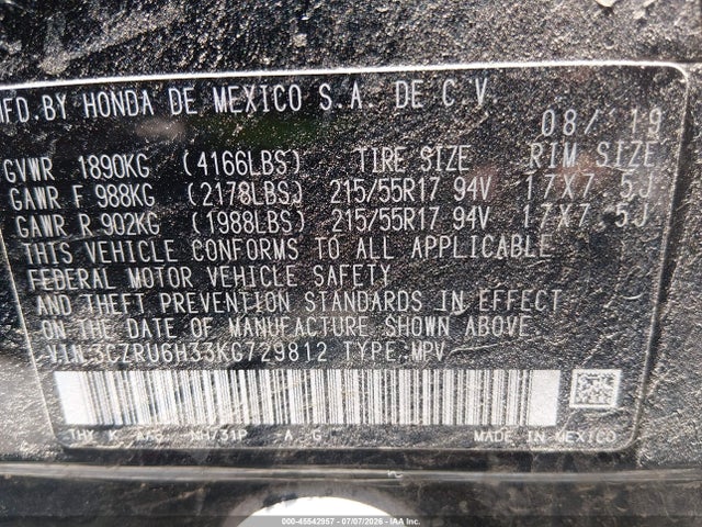 3CZRU6H33KG729812 Honda HR-V LX