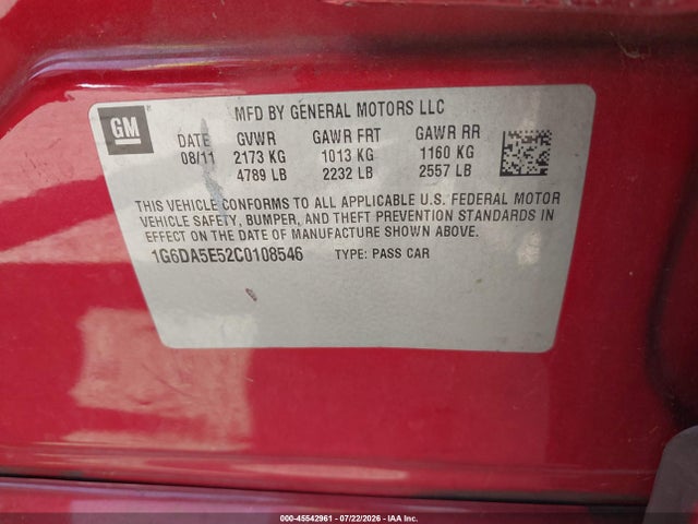 Aukcja sprzedaży 2012 Cadillac Cts Standard, vin: 1G6DA5E52C0108546, numer aukcji: 45542961