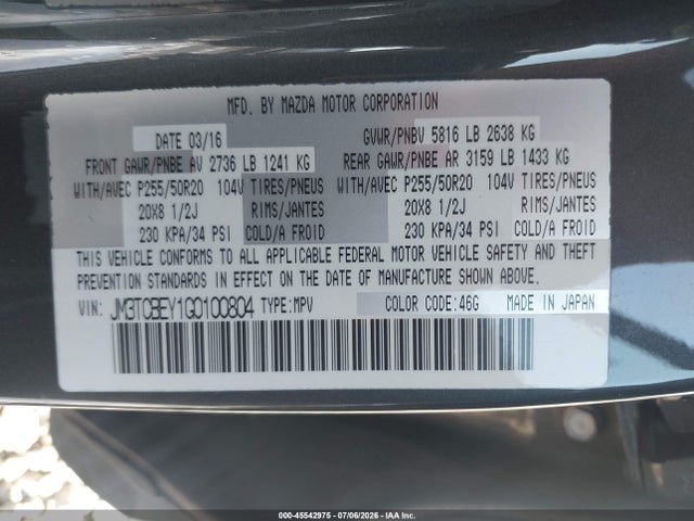 Aukcja sprzedaży 2016 Mazda Cx-9 Signature, vin: JM3TCBEY1G0100804, numer aukcji: 45542975