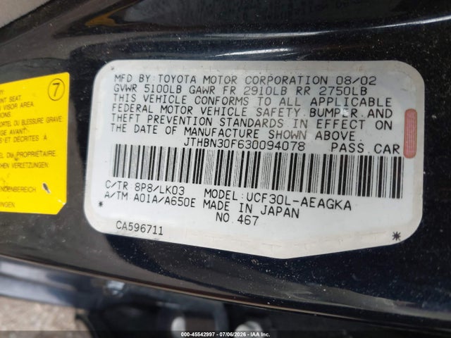 Aukcja sprzedaży 2003 Lexus Ls 430, vin: JTHBN30F630094078, numer aukcji: 45542997