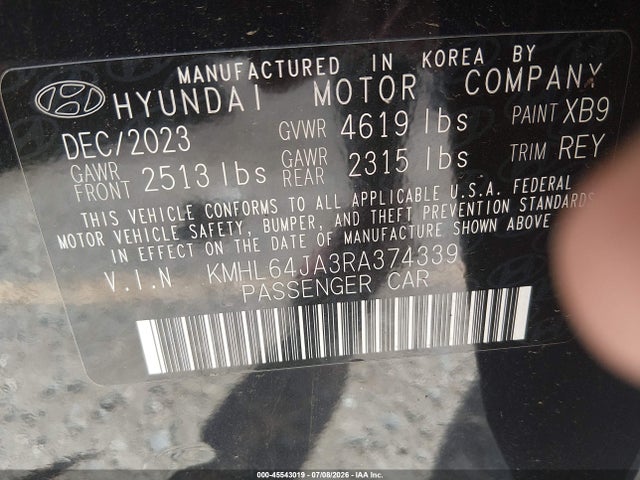 45543019 :رقم المزاد ، KMHL64JA3RA374339 vin ، 2024 Hyundai Sonata Sel مزاد بيع