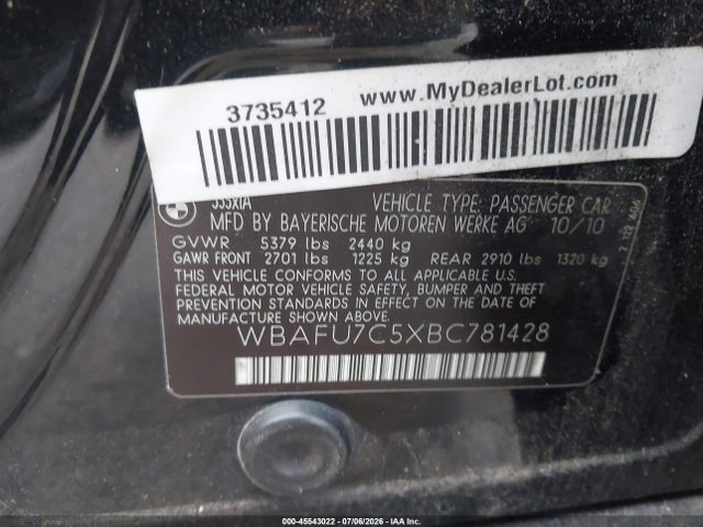 45543022 :رقم المزاد ، WBAFU7C5XBC781428 vin ، 2011 Bmw 535i Xdrive مزاد بيع