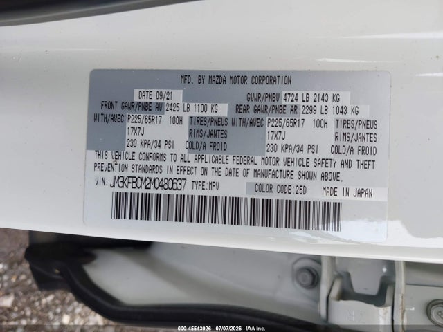 Aukcja sprzedaży 2021 Mazda Cx-5 Touring, vin: JM3KFBCM2M0480637, numer aukcji: 45543026