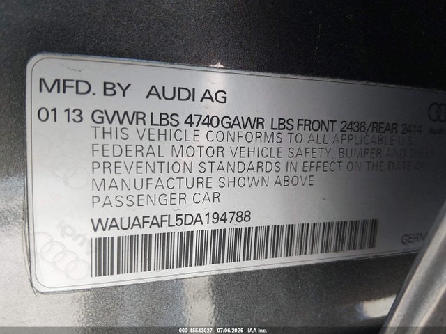 Продаж на аукціоні авто 2013 Audi A4 2.0t Premium, vin: WAUAFAFL5DA194788, номер лоту: 45543027
