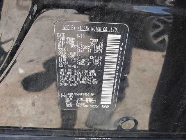 Продаж на аукціоні авто 2019 Infiniti Qx80 Luxe, vin: JN8AZ2ND9K9850116, номер лоту: 45543037