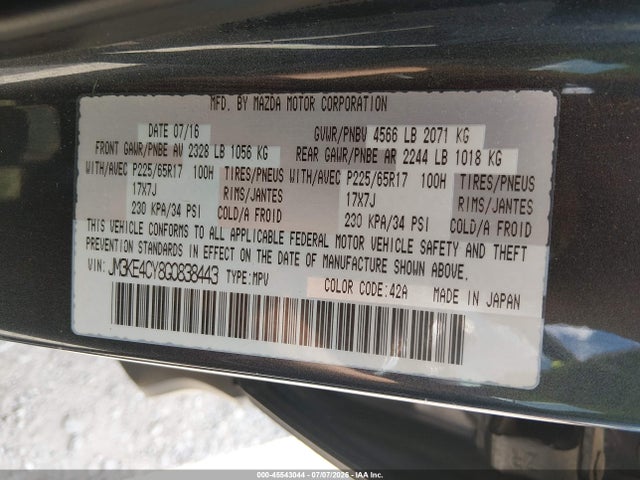 45543044 :رقم المزاد ، JM3KE4CY8G0838443 vin ، 2016 Mazda Cx-5 Touring مزاد بيع