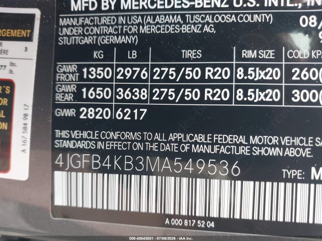 Продаж на аукціоні авто 2021 Mercedes-benz Gle 350 4matic, vin: 4JGFB4KB3MA549536, номер лоту: 45543051