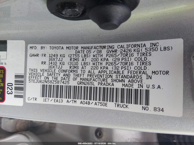 Aukcja sprzedaży 2008 Toyota Tacoma Prerunner V6, vin: 5TEJU62N58Z587425, numer aukcji: 45543053
