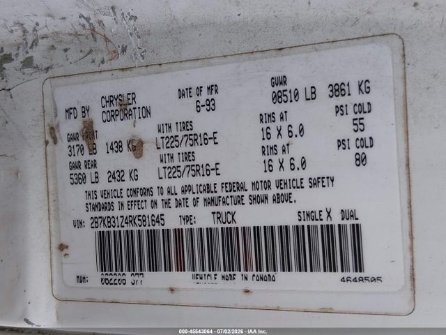 Auction sale of the 1994 Dodge Ram Van B350, vin: 2B7KB31Z4RK581645, lot number: 45543064