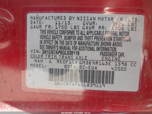 3N1CN7AP6GL839119 Nissan Versa 1.6 S/1.6 S+/1.6 Sl/1.6 Sv