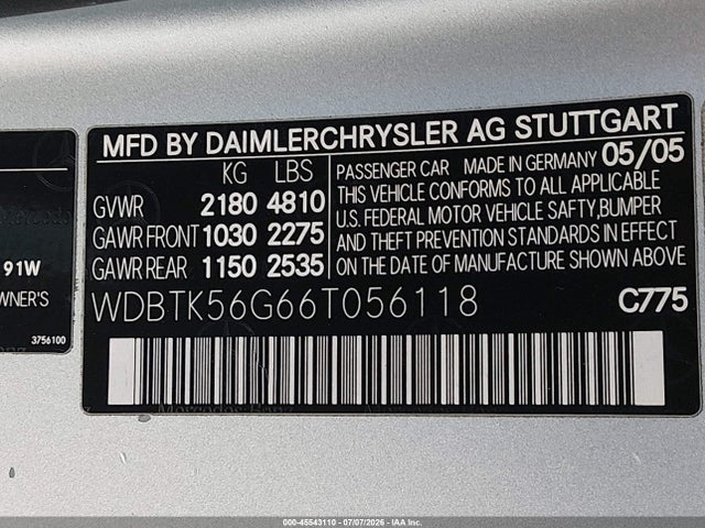 45543110 :رقم المزاد ، WDBTK56G66T056118 vin ، 2006 Mercedes-benz Clk 350 مزاد بيع