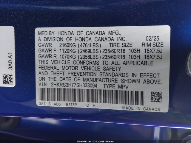 Honda Cr-v Ex-l 2wd 2025 2HKRS3H77SH333094 Image 9