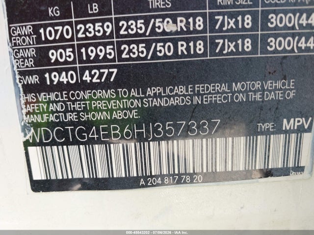 45543202 :رقم المزاد ، WDCTG4EB6HJ357337 vin ، 2017 Mercedes-benz Gla 250 مزاد بيع
