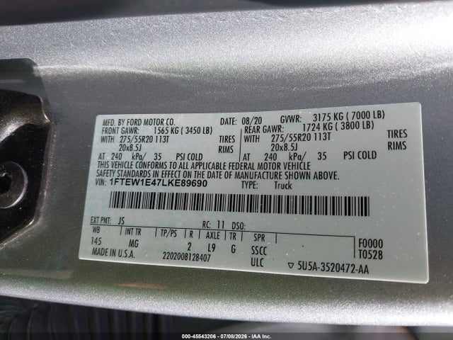Продажа на аукционе авто 2020 Ford F-150 Xlt, vin: 1FTEW1E47LKE89690, номер лота: 45543206