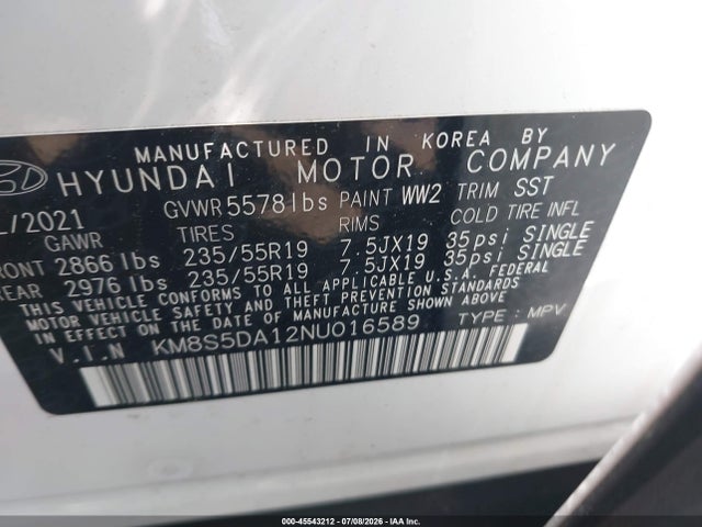 Aukcja sprzedaży 2022 Hyundai Santa Fe Hybrid Limited, vin: KM8S5DA12NU016589, numer aukcji: 45543212