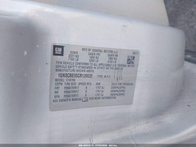 45543219 :رقم المزاد ، 1GNSCBE05CR126625 vin ، 2012 Chevrolet Tahoe Lt مزاد بيع