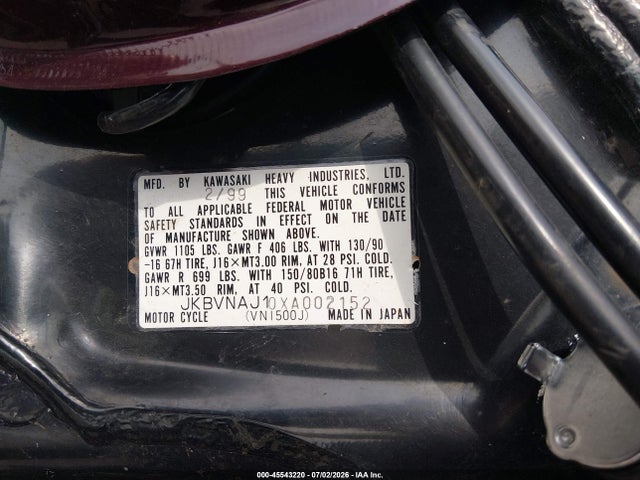 Продажа на аукционе авто 1999 Kawasaki Vn1500 J, vin: JKBVNAJ10XA002152, номер лота: 45543220