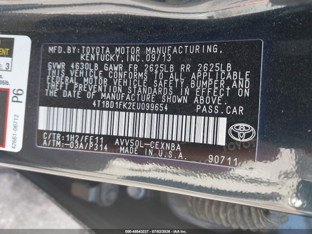 4T1BD1FK2EU099654 Toyota Camry Hybrid Le