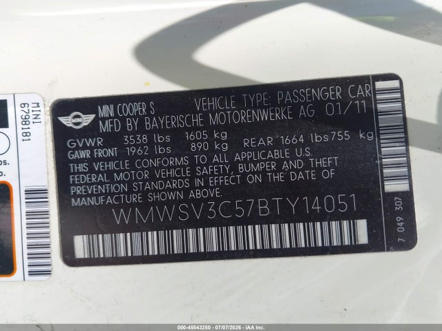 Продажа на аукционе авто 2011 Mini Cooper S, vin: WMWSV3C57BTY14051, номер лота: 45543250