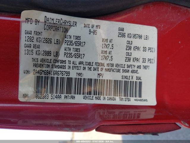 45543253 :رقم المزاد ، 2A4GM68416R676799 vin ، 2006 Chrysler Pacifica Touring مزاد بيع