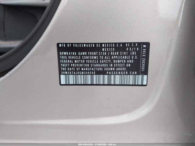 Продаж на аукціоні авто 2016 Volkswagen Jetta 1.4t S, vin: 3VW267AJ0GM346545, номер лоту: 45543254