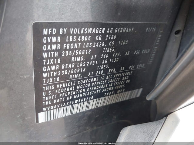 Продажа на аукционе авто 2015 Volkswagen Tiguan Se, vin: WVGAV7AX5FW569275, номер лота: 45543258