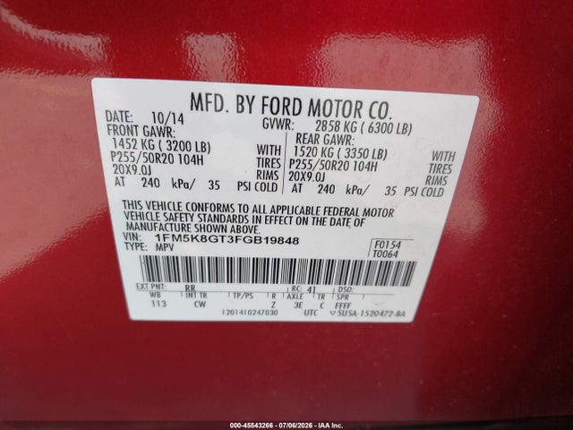 Продаж на аукціоні авто 2015 Ford Explorer Sport, vin: 1FM5K8GT3FGB19848, номер лоту: 45543266