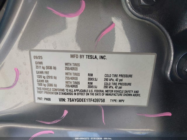 Aukcja sprzedaży 2026 Tesla Model Y All-wheel Drive/long Range Launch Series/premium All-wheel Drive, vin: 7SAYGDEE1TF439758, numer aukcji: 45543272