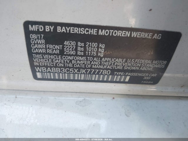 Aukcja sprzedaży 2018 Bmw 340i, vin: WBA8B3C5XJK777780, numer aukcji: 45543273