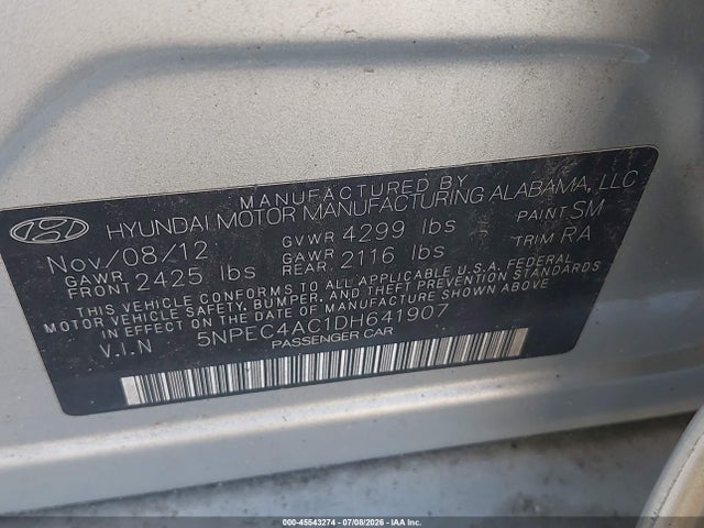 Продаж на аукціоні авто 2013 Hyundai Sonata Limited, vin: 5NPEC4AC1DH641907, номер лоту: 45543274