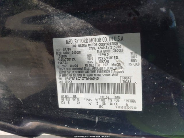 45543284 :رقم المزاد ، 4F4YR16C1XTM46545 vin ، 1999 Mazda B2500 Se مزاد بيع