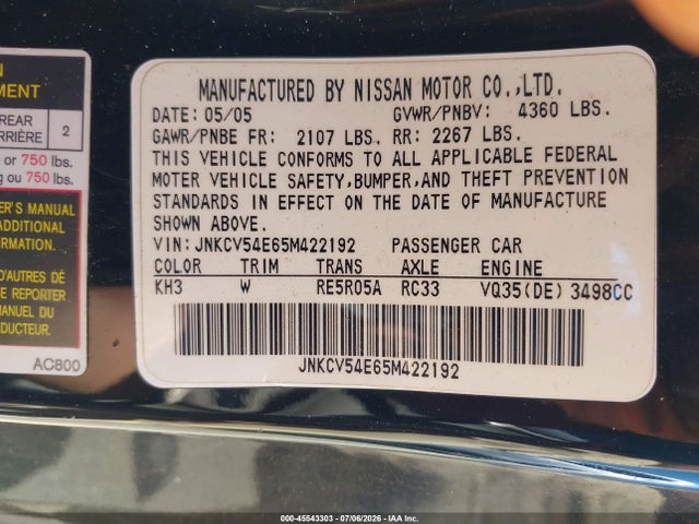 Aukcja sprzedaży 2005 Infiniti G35, vin: JNKCV54E65M422192, numer aukcji: 45543303