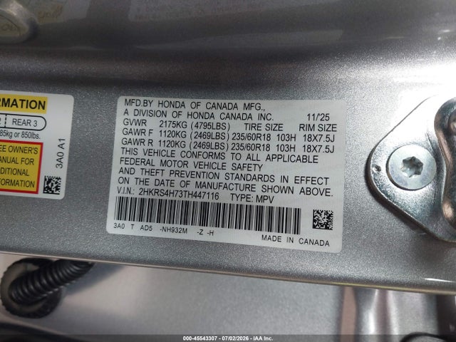 2HKRS4H73TH447116 Honda Cr-v Ex-l Awd