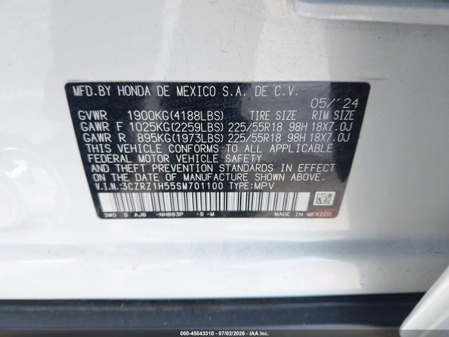 2025 Honda Hr-v 2wd Sport მანქანა იყიდება აუქციონზე, vin: 3CZRZ1H55SM701100, აუქციონის ნომერი: 45543310