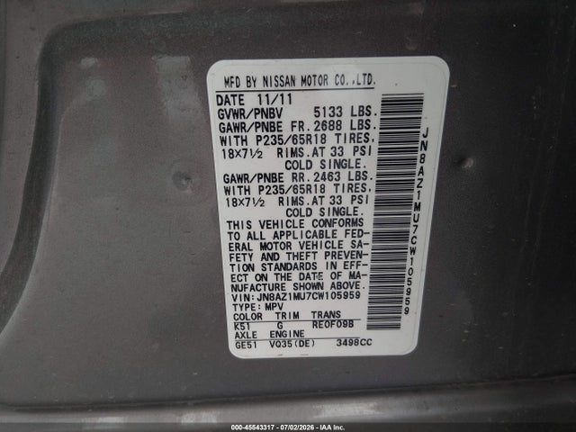 Aukcja sprzedaży 2012 Nissan Murano Sl, vin: JN8AZ1MU7CW105959, numer aukcji: 45543317