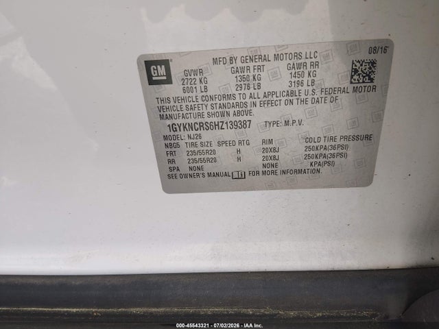 45543321 :رقم المزاد ، 1GYKNCRS6HZ139387 vin ، 2017 Cadillac Xt5 Premium Luxury مزاد بيع