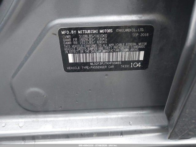 45543330 :رقم المزاد ، ML32F3FJ7KHF00465 vin ، 2019 Mitsubishi Mirage G4 Es مزاد بيع