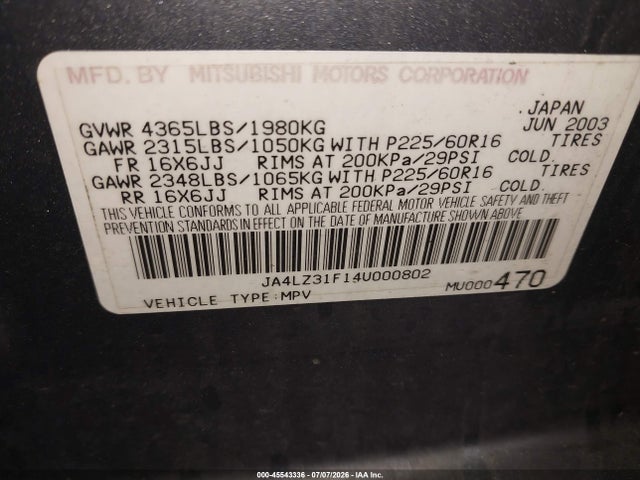 Продаж на аукціоні авто 2004 Mitsubishi Outlander Ls, vin: JA4LZ31F14U000802, номер лоту: 45543336