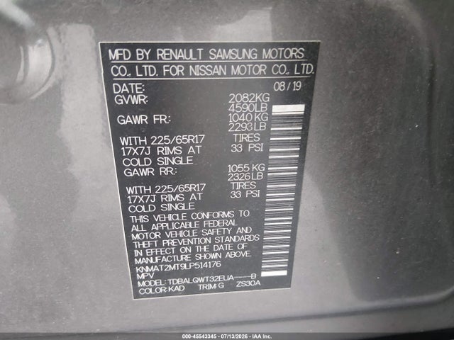 45543345 :رقم المزاد ، KNMAT2MT9LP514176 vin ، 2020 Nissan Rogue Sv Fwd مزاد بيع