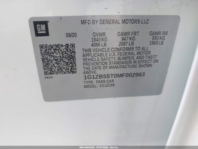 2021 Chevrolet Malibu Fwd Ls მანქანა იყიდება აუქციონზე, vin: 1G1ZB5ST0MF002963, აუქციონის ნომერი: 45543349