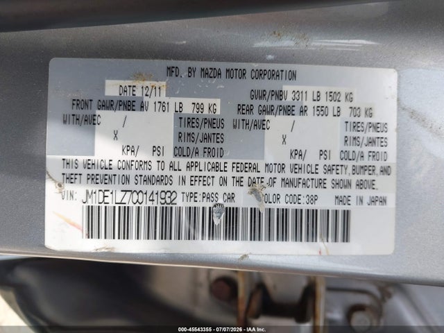 45543355 :رقم المزاد ، JM1DE1LZ7C0141932 vin ، 2012 Mazda Mazda2 Touring مزاد بيع
