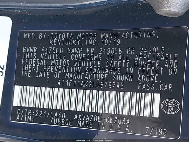 2020 Toyota Camry Xle მანქანა იყიდება აუქციონზე, vin: 4T1F11AK2LU878745, აუქციონის ნომერი: 45543371